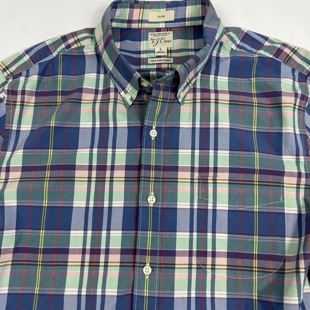 J. Crew Slim Secret Wash Blue Orange Plaid Long Sleeve Button Shirt Men’s Large